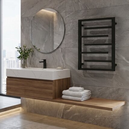 VONIOS RADIATORIUS KOPĖTĖLĖ VANDENINIS DEKORATYVINIS VERTIKALUS KOPĖTĖLINIS Į VONIĄ 80x60 JUODAS ANIKA-BL-1 15