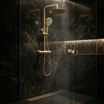 Dušo komplektas be čiaupo su termostatu Lungo Gold Brush 4 Dušo komplektas be čiaupo su termostatu Lungo Gold Brush 4