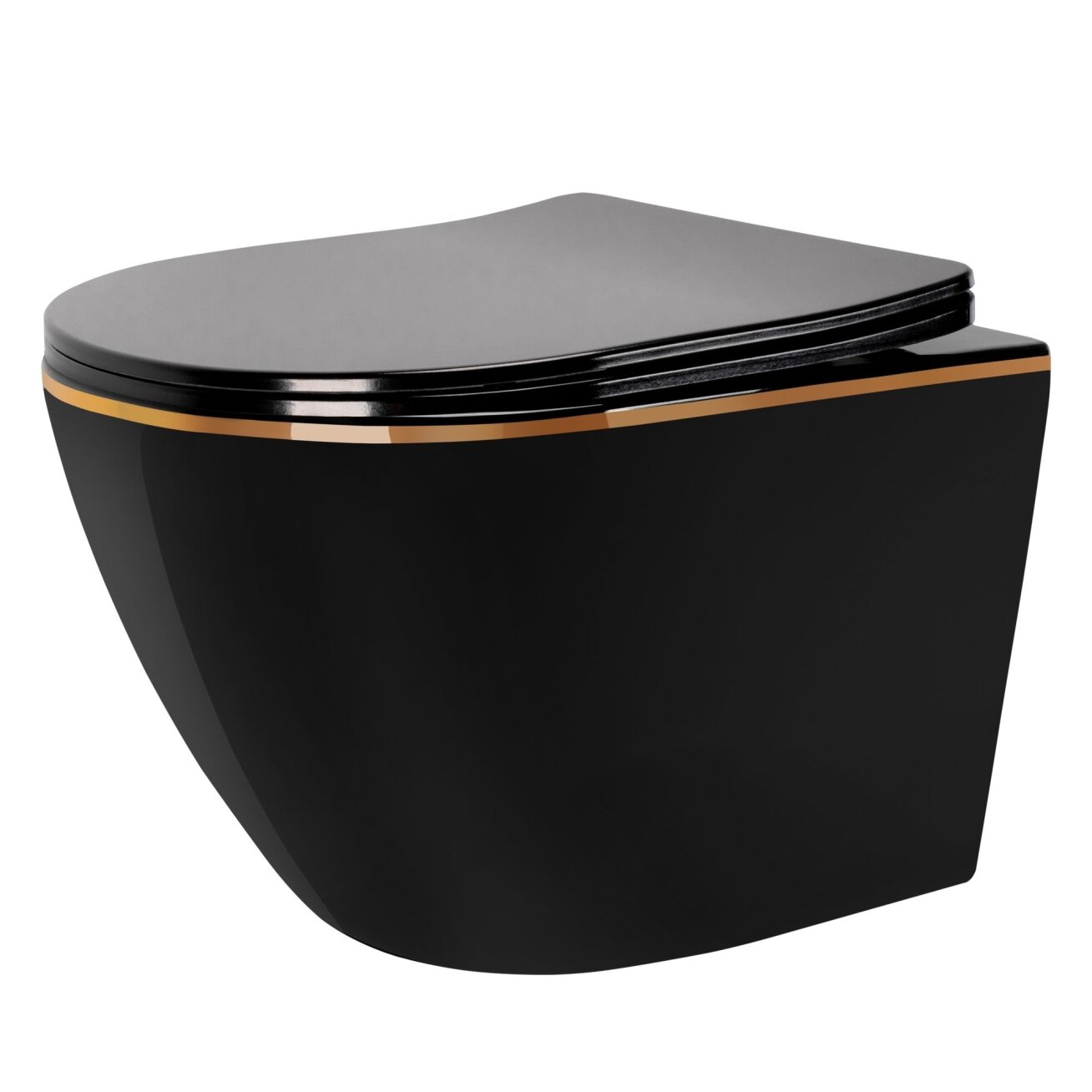 Klozetas pakabinamas CARLO Mini Rimless Duroplast Flat Black Gold Edge Klozetas pakabinamas CARLO Mini Rimless Duroplast Flat Black Gold Edge