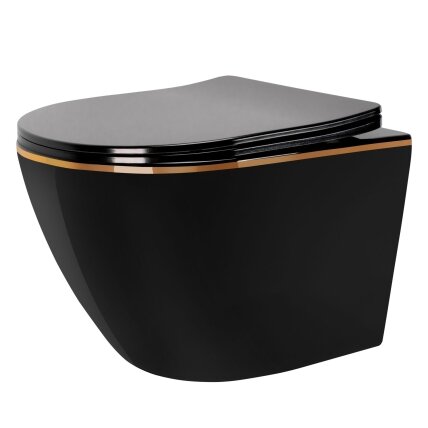 Klozetas pakabinamas CARLO Mini Rimless Duroplast Flat Black Gold Edge Klozetas pakabinamas CARLO Mini Rimless Duroplast Flat Black Gold Edge