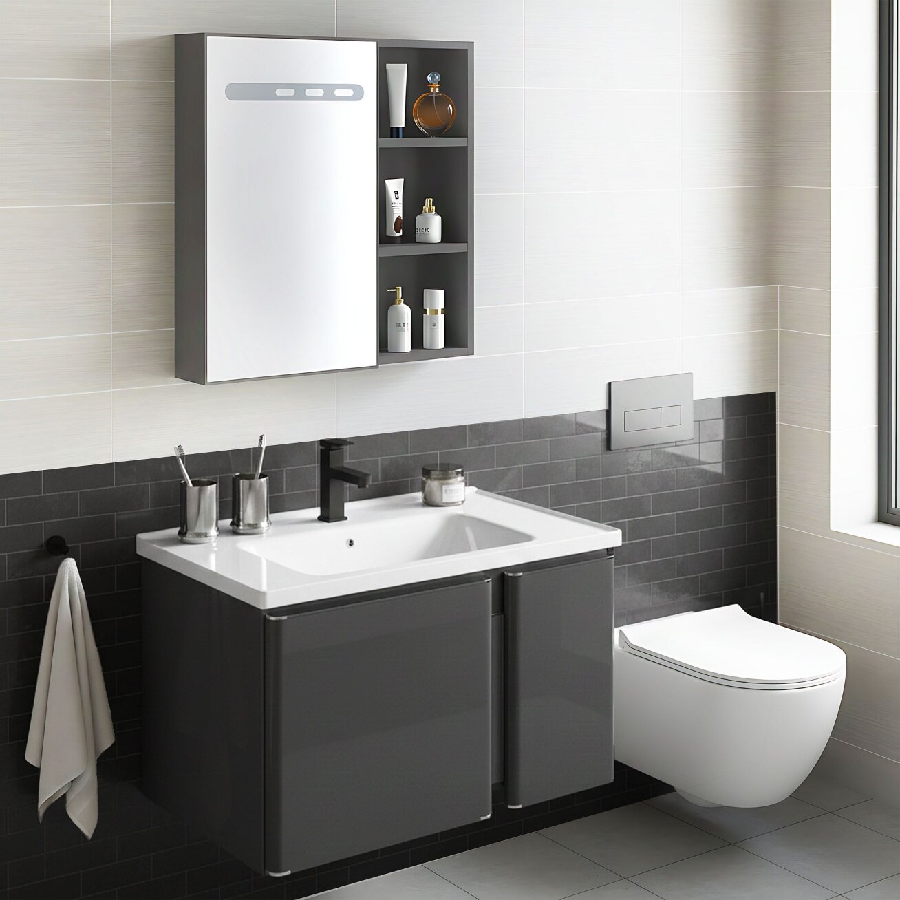 Vonios baldų komplektas su praustuvu Tula 60cm Grey 3 Vonios baldų komplektas su praustuvu Tula 60cm Grey 3