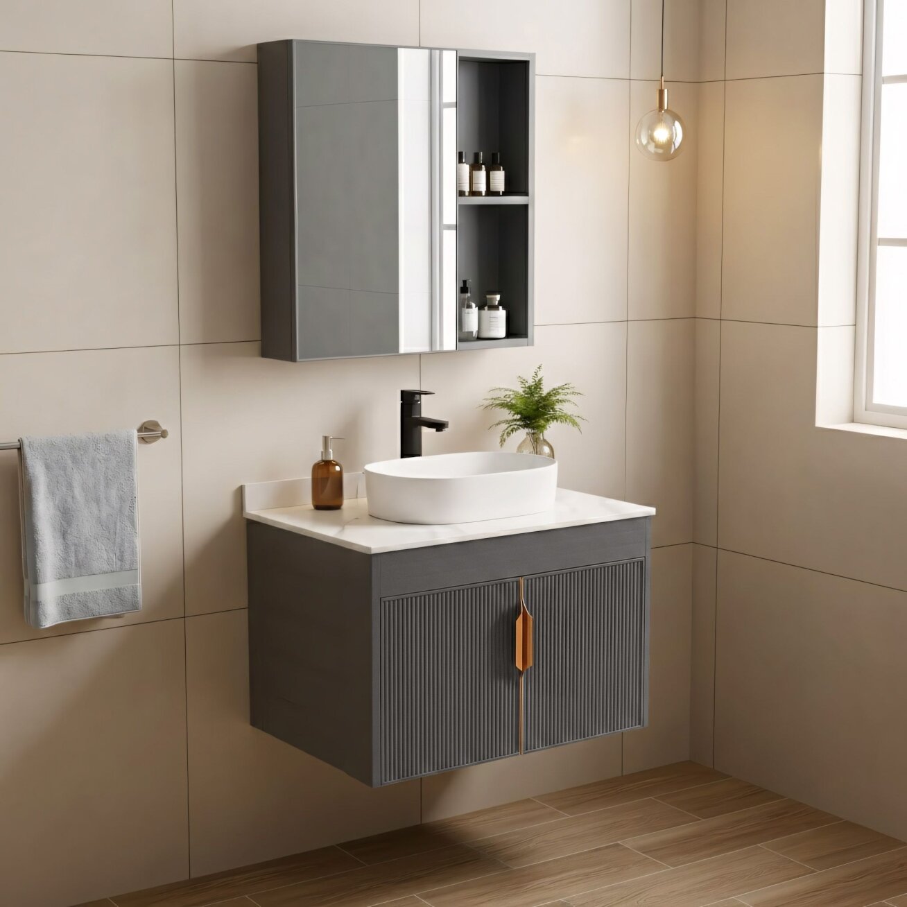 Vonios baldų komplektas su stalviršiu Modo 60cm Grey 2 Vonios baldų komplektas su stalviršiu Modo 60cm Grey 2